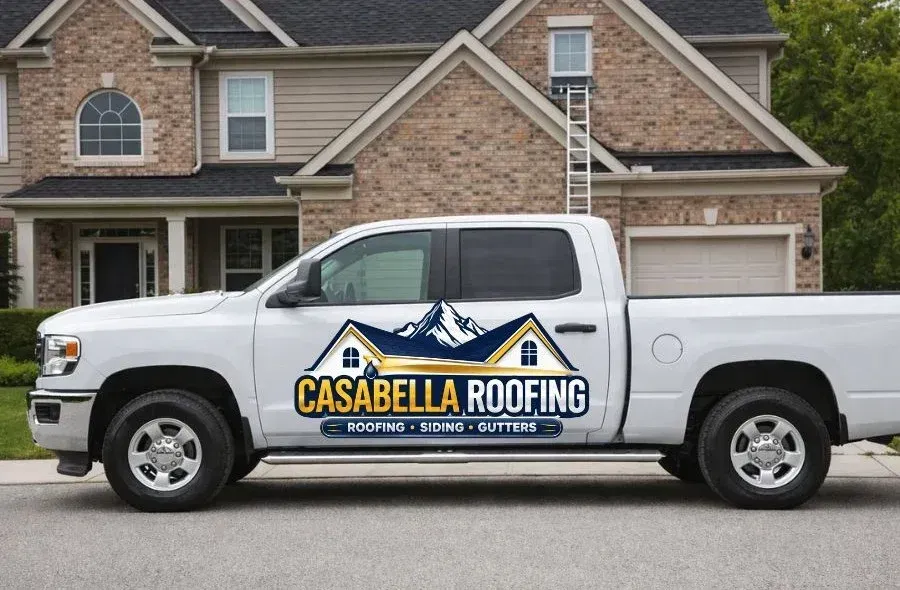Casabella Roofing truck parked at a residential project